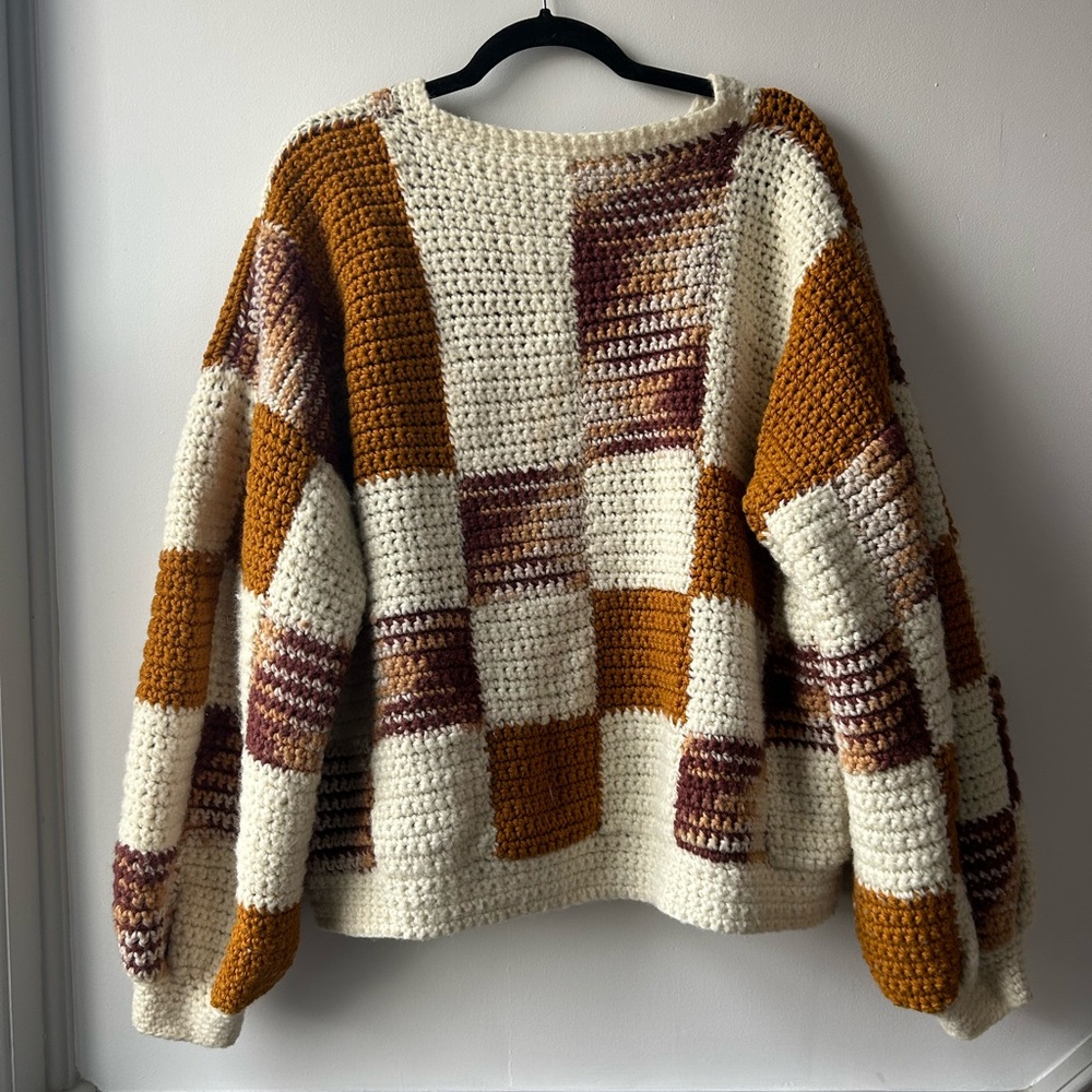 Cozy Patchwork Knit Sweater - Cream and Brown - Picture 4 of 5